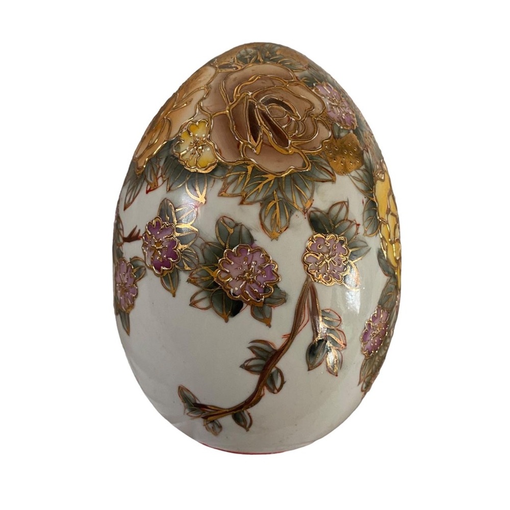 VINTAGE Cloisonné White Gold Porcelain Egg 7” Floral